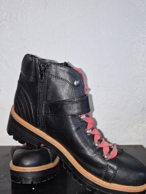 Indigo Black Leather Ankle Booties with Pink Laces